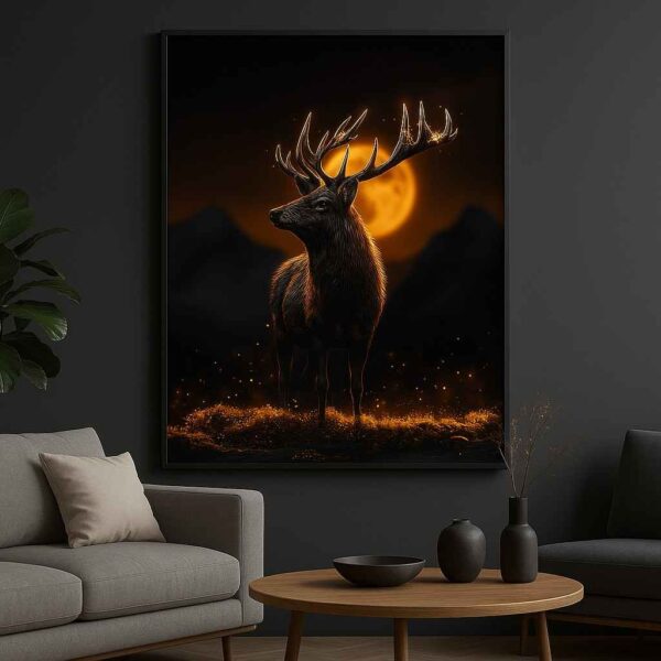 Deer wall art 30x48 inch, stag canvas painting, luxury wildlife wall art framed, dark aesthetic wall décor, modern animal painting for living room, premium canvas wall art India