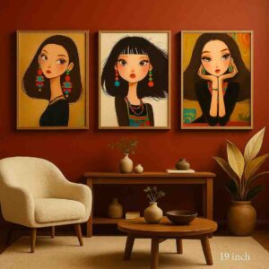 Modern portrait wall art, feminine wall art painting, set of 3 canvas paintings, contemporary wall art for living room, luxury wall décor paintings, modern illustration wall art, designer canvas painting India, large size wall painting 30x48 inch, premium wall art for home, artistic wall décor set