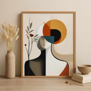 Abstract face wall art 30x48 inch, modern geometric canvas painting, minimalist wall décor framed, luxury abstract wall art for living room, neutral tone wall painting, contemporary canvas art India