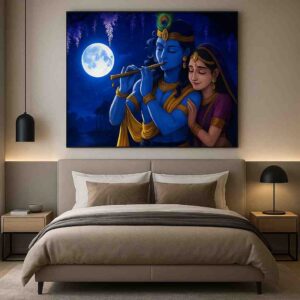 Radha Krishna wall art, Krishna flute painting, devotional wall art for home, Radha Krishna canvas painting 30x48 inch, Hindu god wall painting, large canvas painting, vastu Radha Krishna wall art, premium framed religious painting, spiritual love wall décor, divine couple wall art