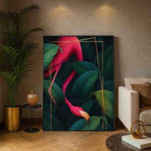 flamingo wall art, tropical bird canvas painting, luxury botanical wall decor, modern flamingo artwork 30x48, statement nature art for living room