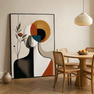 Abstract face wall art 30x48 inch, modern geometric canvas painting, minimalist wall décor framed, luxury abstract wall art for living room, neutral tone wall painting, contemporary canvas art India