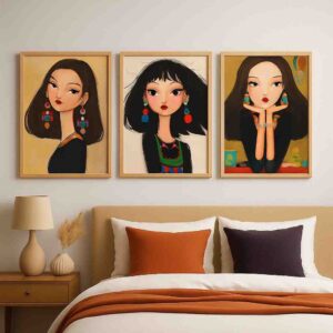 Modern portrait wall art, feminine wall art painting, set of 3 canvas paintings, contemporary wall art for living room, luxury wall décor paintings, modern illustration wall art, designer canvas painting India, large size wall painting 30x48 inch, premium wall art for home, artistic wall décor set