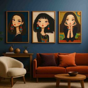 Modern portrait wall art, feminine wall art painting, set of 3 canvas paintings, contemporary wall art for living room, luxury wall décor paintings, modern illustration wall art, designer canvas painting India, large size wall painting 30x48 inch, premium wall art for home, artistic wall décor set