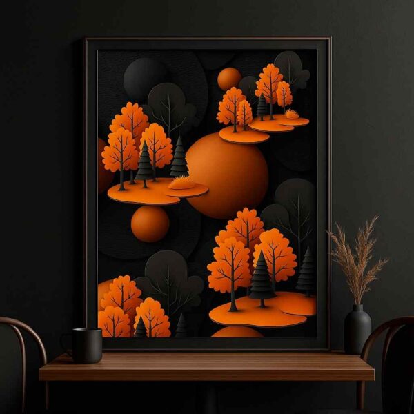 Abstract forest wall art 30x48 inch, modern geometric canvas painting, black orange wall décor, luxury abstract wall art for living room, contemporary framed canvas painting, premium wall art India