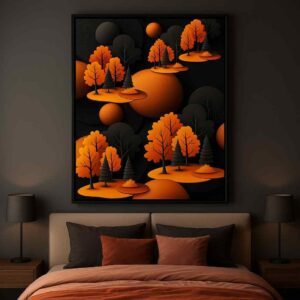 Abstract forest wall art 30x48 inch, modern geometric canvas painting, black orange wall décor, luxury abstract wall art for living room, contemporary framed canvas painting, premium wall art India