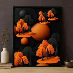 Abstract forest wall art 30x48 inch, modern geometric canvas painting, black orange wall décor, luxury abstract wall art for living room, contemporary framed canvas painting, premium wall art India