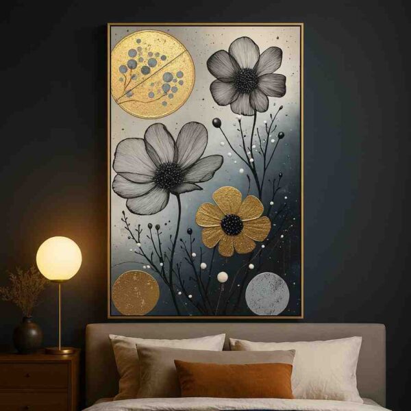 Abstract floral wall art, luxury canvas painting, modern wall art for bedroom, gold floral wall painting, large size wall painting 30x48 inch, premium wall décor painting, contemporary floral canvas art, minimalist wall art India, luxury home décor painting
