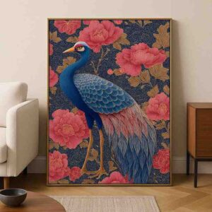 Peacock wall art 30x48 inch, floral canvas painting, luxury decorative wall art, peacock painting for living room, premium framed wall art India, modern traditional canvas artwork
