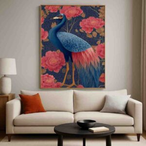 Peacock wall art 30x48 inch, floral canvas painting, luxury decorative wall art, peacock painting for living room, premium framed wall art India, modern traditional canvas artwork