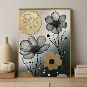 Abstract floral wall art, luxury canvas painting, modern wall art for bedroom, gold floral wall painting, large size wall painting 30x48 inch, premium wall décor painting, contemporary floral canvas art, minimalist wall art India, luxury home décor painting