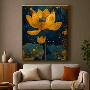 Golden lotus wall art, lotus canvas painting, modern wall painting for living room, luxury wall art 30x48 inch, large canvas painting, spiritual wall décor, premium framed wall art, contemporary lotus painting, home décor wall painting, abstract lotus artwork, designer wall art for home, vastu wall art painting