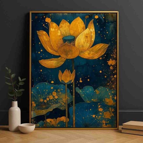 Golden lotus wall art, lotus canvas painting, modern wall painting for living room, luxury wall art 30x48 inch, large canvas painting, spiritual wall décor, premium framed wall art, contemporary lotus painting, home décor wall painting, abstract lotus artwork, designer wall art for home, vastu wall art painting