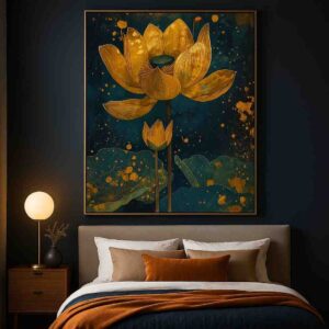 Golden lotus wall art, lotus canvas painting, modern wall painting for living room, luxury wall art 30x48 inch, large canvas painting, spiritual wall décor, premium framed wall art, contemporary lotus painting, home décor wall painting, abstract lotus artwork, designer wall art for home, vastu wall art painting