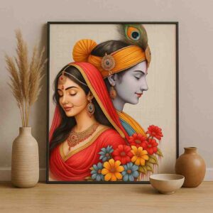Radha Krishna wall art, Radha Krishna canvas painting, devotional wall art for home, floral Radha Krishna painting, Hindu god wall décor, large canvas painting 30x48 inch, vastu Radha Krishna painting, premium framed religious painting, spiritual couple wall art, luxury devotional wall décor