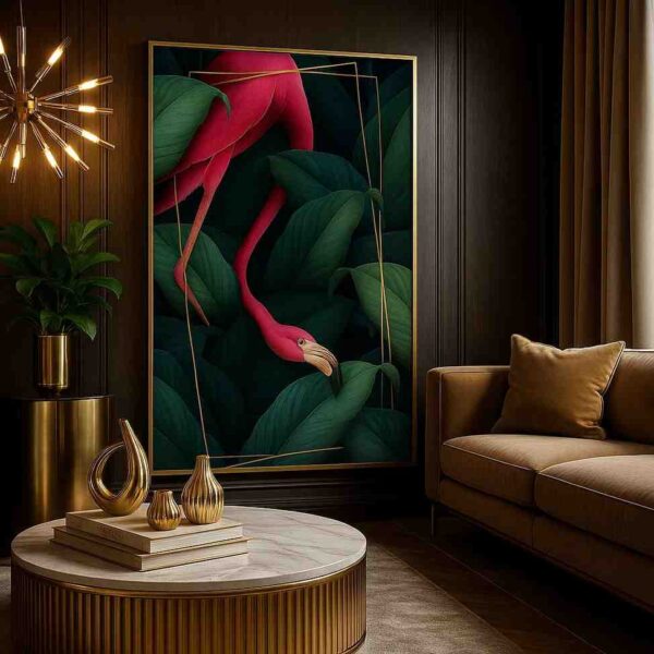 flamingo wall art, tropical bird canvas painting, luxury botanical wall decor, modern flamingo artwork 30x48, statement nature art for living room