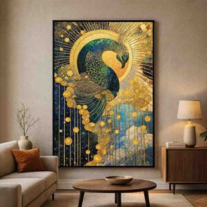 Golden peacock wall art, peacock canvas painting, luxury wall art 30x48 inch, modern wall painting for living room, large canvas painting, premium framed wall art, contemporary peacock artwork, designer wall art for home, abstract peacock painting, luxury home décor wall art, big size wall painting, statement wall art