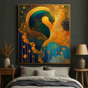 Golden peacock wall art, peacock canvas painting, luxury wall art 30x48 inch, modern wall painting for living room, large canvas painting, premium framed wall art, contemporary peacock artwork, designer wall art for home, abstract peacock painting, luxury home décor wall art, big size wall painting, statement wall art