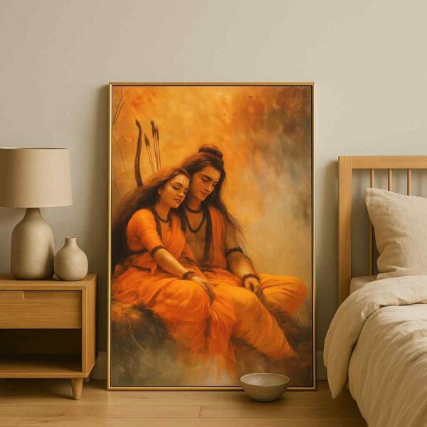 Ram Sita wall art 30x48 inch, spiritual canvas painting, religious wall décor for bedroom, Ram Sita painting framed, premium devotional wall art, vastu positive wall painting