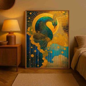 Golden peacock wall art, peacock canvas painting, luxury wall art 30x48 inch, modern wall painting for living room, large canvas painting, premium framed wall art, contemporary peacock artwork, designer wall art for home, abstract peacock painting, luxury home décor wall art, big size wall painting, statement wall art