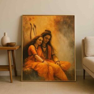 Ram Sita wall art 30x48 inch, spiritual canvas painting, religious wall décor for bedroom, Ram Sita painting framed, premium devotional wall art, vastu positive wall painting