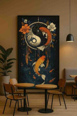 Yin yang wall art, koi fish canvas painting, spiritual wall art for living room, modern wall painting 30x48 inch, large canvas painting, vastu wall art painting, feng shui koi fish artwork, premium framed wall art, luxury wall décor painting, abstract koi fish art, designer wall art for home, big size wall painting
