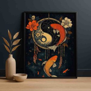 Yin yang wall art, koi fish canvas painting, spiritual wall art for living room, modern wall painting 30x48 inch, large canvas painting, vastu wall art painting, feng shui koi fish artwork, premium framed wall art, luxury wall décor painting, abstract koi fish art, designer wall art for home, big size wall painting