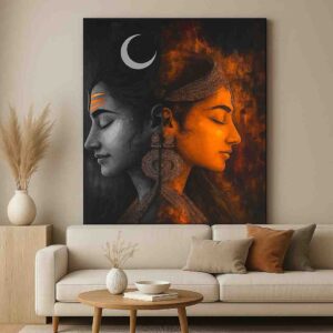 Shiva Shakti wall art 30x48 inch, spiritual canvas painting, modern religious wall décor, Shiva Shakti painting framed, premium spiritual wall art, vastu positive wall painting for home