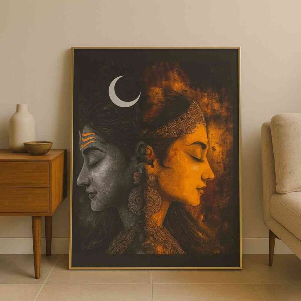 Shiva Shakti wall art 30x48 inch, spiritual canvas painting, modern religious wall décor, Shiva Shakti painting framed, premium spiritual wall art, vastu positive wall painting for home
