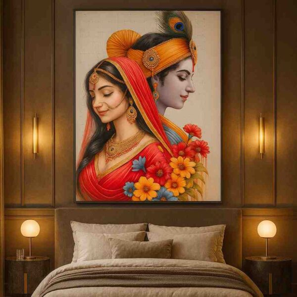 Radha Krishna wall art, Radha Krishna canvas painting, devotional wall art for home, floral Radha Krishna painting, Hindu god wall décor, large canvas painting 30x48 inch, vastu Radha Krishna painting, premium framed religious painting, spiritual couple wall art, luxury devotional wall décor