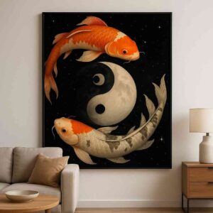 Yin yang wall art, koi fish canvas painting, spiritual wall art for living room, luxury wall art 30x48 inch, large canvas painting, vastu wall art painting, feng shui koi fish artwork, premium framed wall art, modern wall décor painting, abstract koi fish art, designer wall art for home, big size wall painting