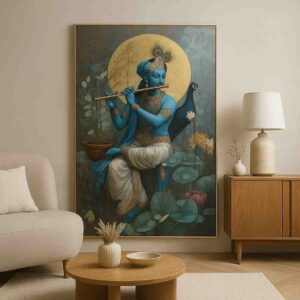 Lord Krishna wall art 30x48 inch, flute Krishna canvas painting, modern spiritual wall décor, Krishna painting for living room, premium devotional wall art, framed Krishna wall painting