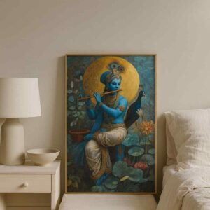 Lord Krishna wall art 30x48 inch, flute Krishna canvas painting, modern spiritual wall décor, Krishna painting for living room, premium devotional wall art, framed Krishna wall painting