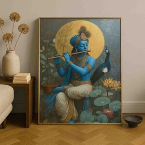 Lord Krishna wall art 30x48 inch, flute Krishna canvas painting, modern spiritual wall décor, Krishna painting for living room, premium devotional wall art, framed Krishna wall painting