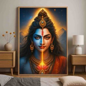 Ardhanarishvara wall art 30x48 inch, Shiva Shakti canvas painting, modern spiritual wall décor, divine energy wall art, premium Hindu spiritual painting, luxury framed devotional art