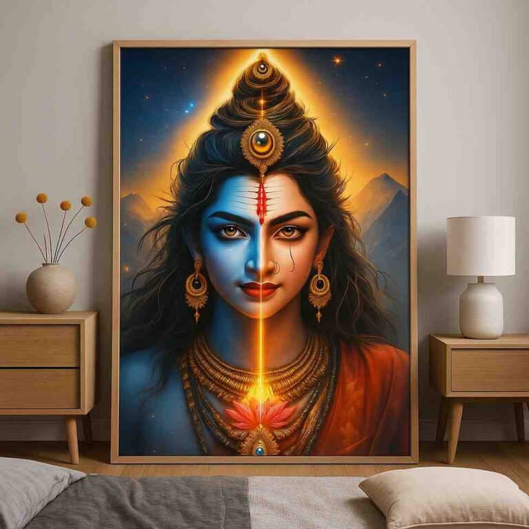 Ardhanarishvara wall art 30x48 inch, Shiva Shakti canvas painting, modern spiritual wall décor, divine energy wall art, premium Hindu spiritual painting, luxury framed devotional art