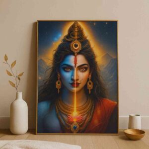 Ardhanarishvara wall art 30x48 inch, Shiva Shakti canvas painting, modern spiritual wall décor, divine energy wall art, premium Hindu spiritual painting, luxury framed devotional art