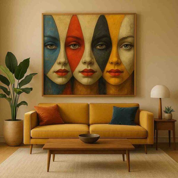 Abstract faces wall art, modern abstract painting, contemporary portrait wall décor, large canvas painting 30x48 inch, multicolor abstract wall art, luxury modern wall painting, designer wall art for living room, premium framed abstract painting, office wall décor art