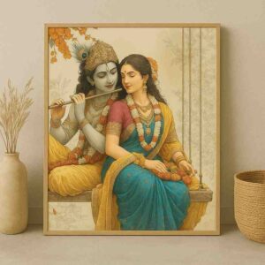 Radha Krishna wall art 30x48 inch, Radha Krishna swing painting, Krishna flute canvas painting, devotional wall art for home, premium Hindu spiritual painting, luxury framed Radha Krishna artwork