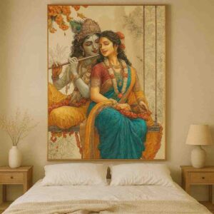 Radha Krishna wall art 30x48 inch, Radha Krishna swing painting, Krishna flute canvas painting, devotional wall art for home, premium Hindu spiritual painting, luxury framed Radha Krishna artwork