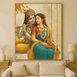 Radha Krishna wall art 30x48 inch, Radha Krishna swing painting, Krishna flute canvas painting, devotional wall art for home, premium Hindu spiritual painting, luxury framed Radha Krishna artwork