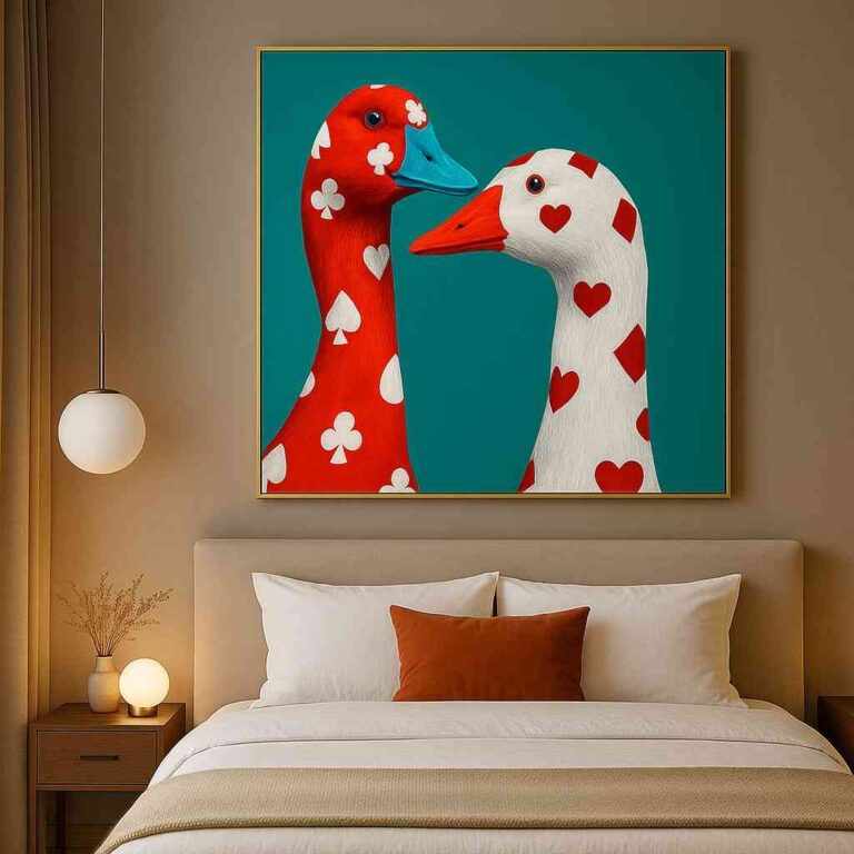 love birds wall art 30x48 inch, romantic canvas painting for bedroom, modern couple wall art, duck love painting canvas, contemporary love artwork framed, premium wall art for couples