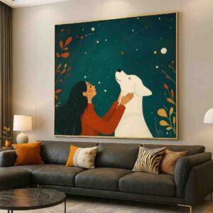 girl and dog wall art 30x48 inch, emotional canvas painting for bedroom, dog lover wall art framed, modern pet artwork canvas, minimal illustration wall art, premium wall decor for home