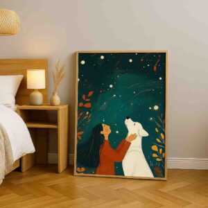 girl and dog wall art 30x48 inch, emotional canvas painting for bedroom, dog lover wall art framed, modern pet artwork canvas, minimal illustration wall art, premium wall decor for home