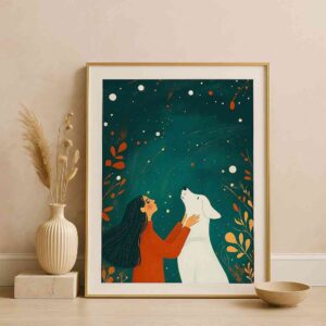 girl and dog wall art 30x48 inch, emotional canvas painting for bedroom, dog lover wall art framed, modern pet artwork canvas, minimal illustration wall art, premium wall decor for home