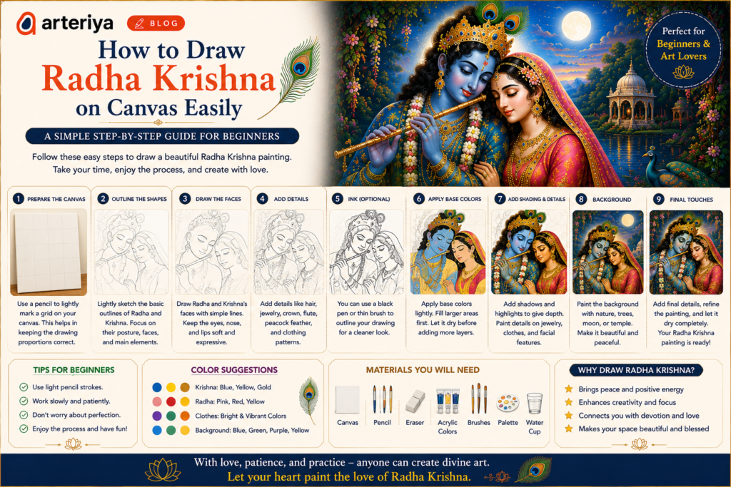 Learn how to draw Radha Krishna on canvas easily with beginner-friendly techniques, silhouette art ideas, spiritual DIY décor inspiration, and modern devotional painting tips.