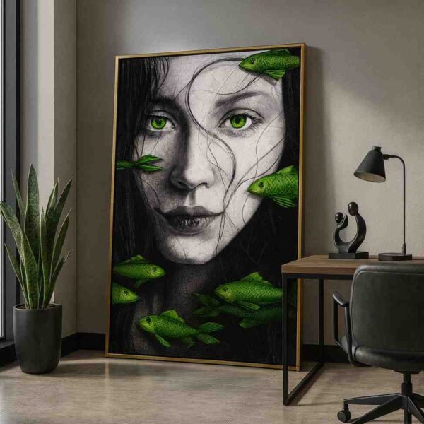 surreal portrait painting, monochrome face wall art, green fish canvas painting, modern surreal artwork, luxury contemporary wall art, abstract portrait canvas, black and white face painting, artistic fish wall décor, premium canvas wall art, modern luxury painting, surreal female portrait, statement wall artwork, designer wall décor, luxury home wall art, contemporary fish artwork