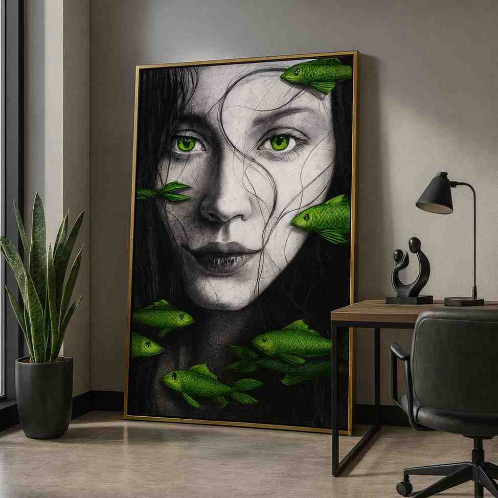 surreal portrait painting, monochrome face wall art, green fish canvas painting, modern surreal artwork, luxury contemporary wall art, abstract portrait canvas, black and white face painting, artistic fish wall décor, premium canvas wall art, modern luxury painting, surreal female portrait, statement wall artwork, designer wall décor, luxury home wall art, contemporary fish artwork