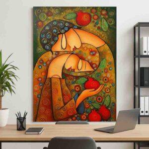 folk abstract painting, pomegranate wall art, contemporary folk canvas, nurturing figures artwork, symbolic wall painting, modern abstract art, luxury canvas wall décor, earthy tone painting, feminine abstract artwork, decorative folk art canvas, modern cultural wall art, artistic canvas print, statement wall décor, premium contemporary painting, warm tone wall art