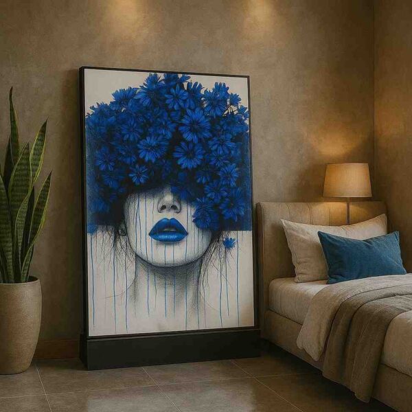 blue floral wall art, surreal portrait painting, flower crown canvas art, contemporary floral portrait, modern woman face painting, luxury canvas wall décor, blue flower artwork, monochrome portrait canvas, designer wall art, modern abstract portrait, artistic floral painting, premium contemporary artwork, elegant wall décor, statement canvas painting, luxury bedroom wall art